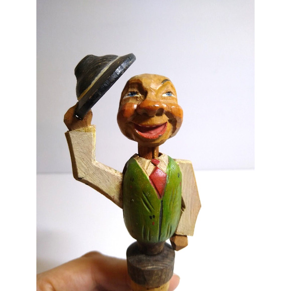 ANRI Mechanical Hat Tipping Bottle Stopper Wood Carved Puppet Barware Cork Green - Picture 6 of 6